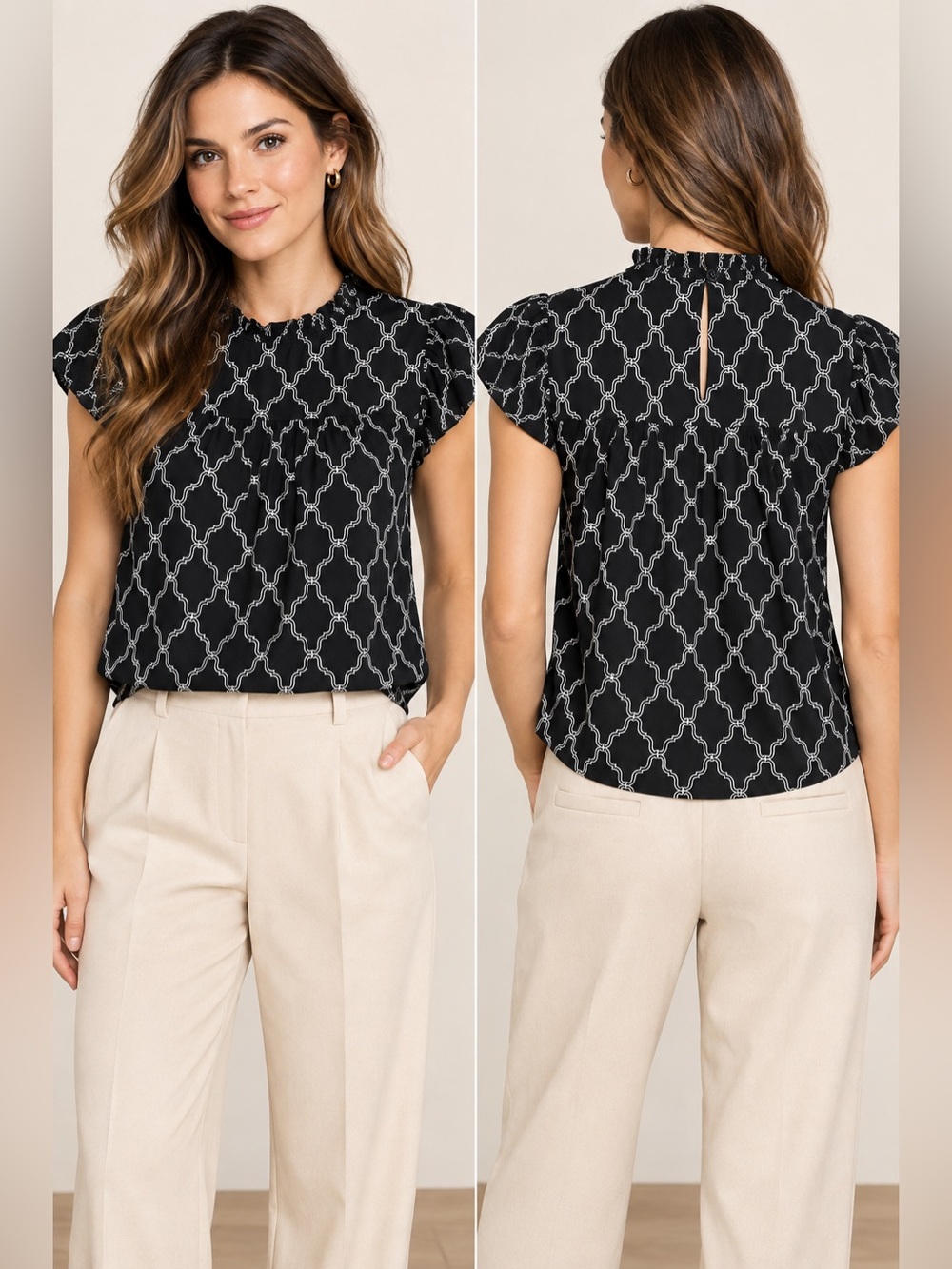 LOFT Black & White Geometric Ruffle Blouse XS